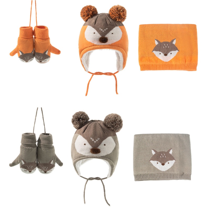 Bộ Mũ Beanie + Găng Tay + Khăn Choàng Dệt Kim Giữ Ấm Mùa Đông Cho Bé