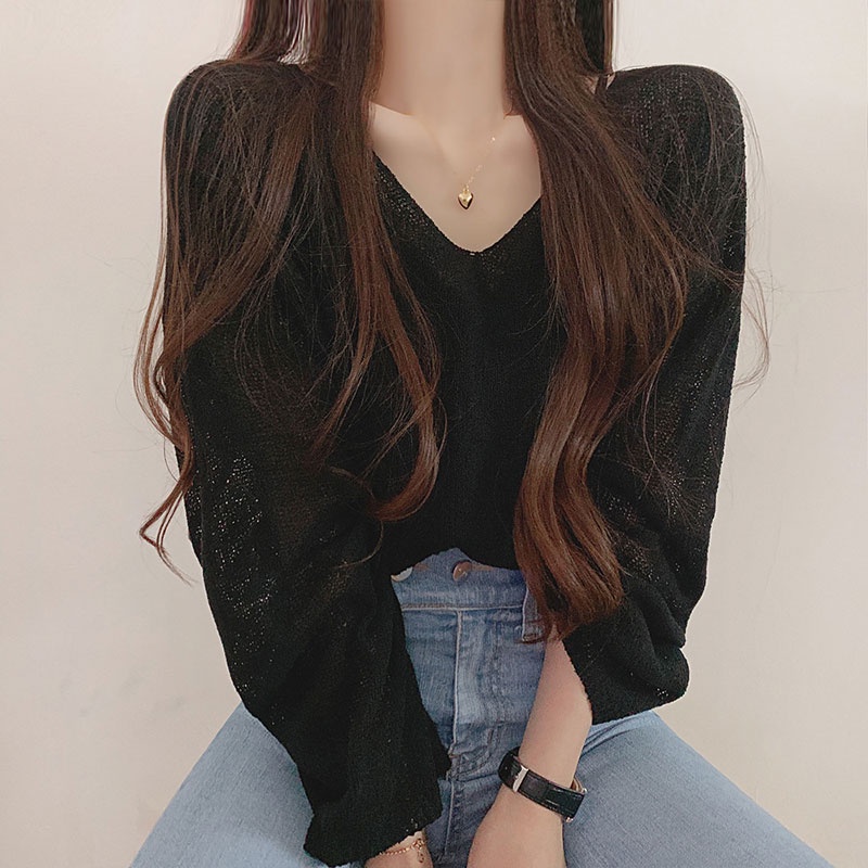 Áo dệt kim YEYA chống nắng tay loe cổ chữ V thắt nơ sau lưng thời trang cho nữ