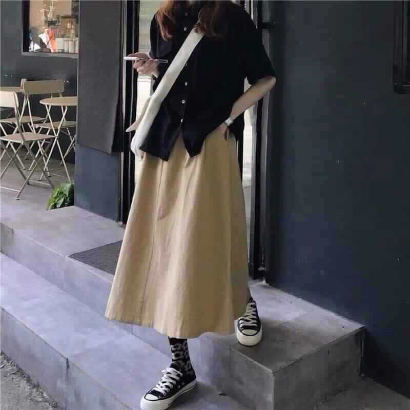 CHÂN VÁY KAKI DÀI XOÈ TRƠN TRẮNG ĐEN BE MIDI ULZZANG UNISEX | BigBuy360 - bigbuy360.vn