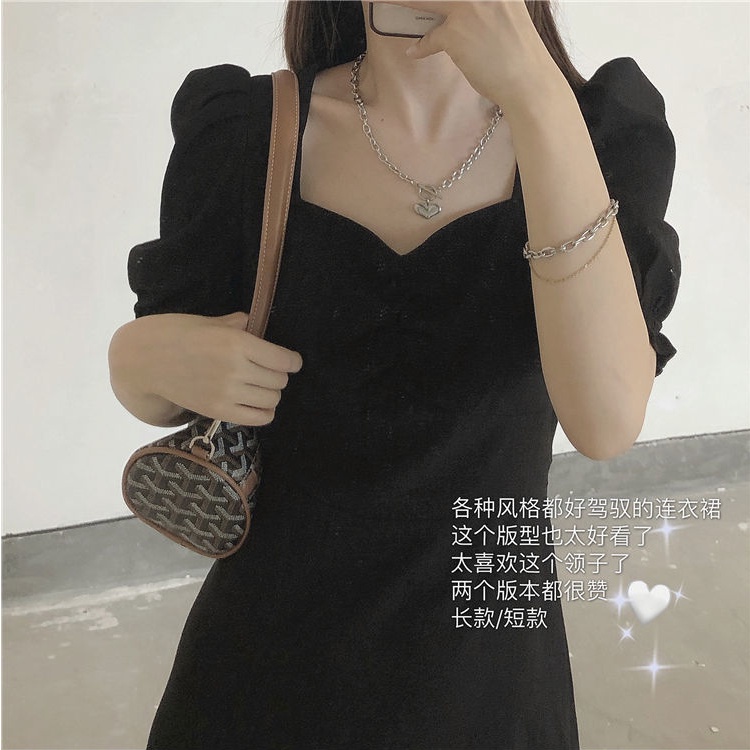 Đầm tay phồng cổ chữ V màu đen phong cách mùa hè thời trang thanh lịch cho nữ