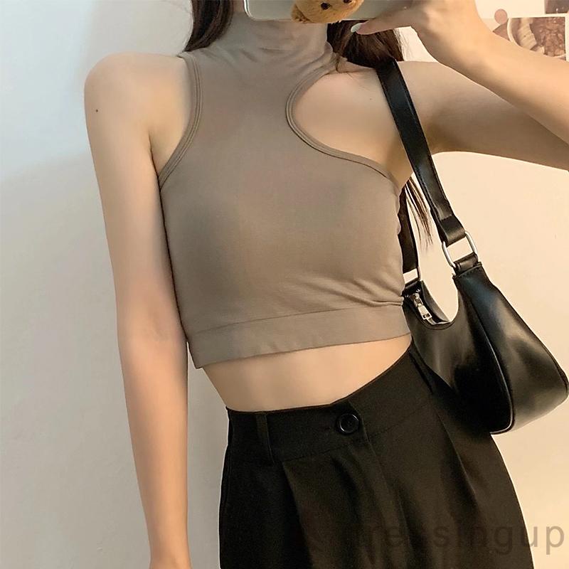 Áo tank top cổ cao lệch vai màu sắc thời trang cho nữ