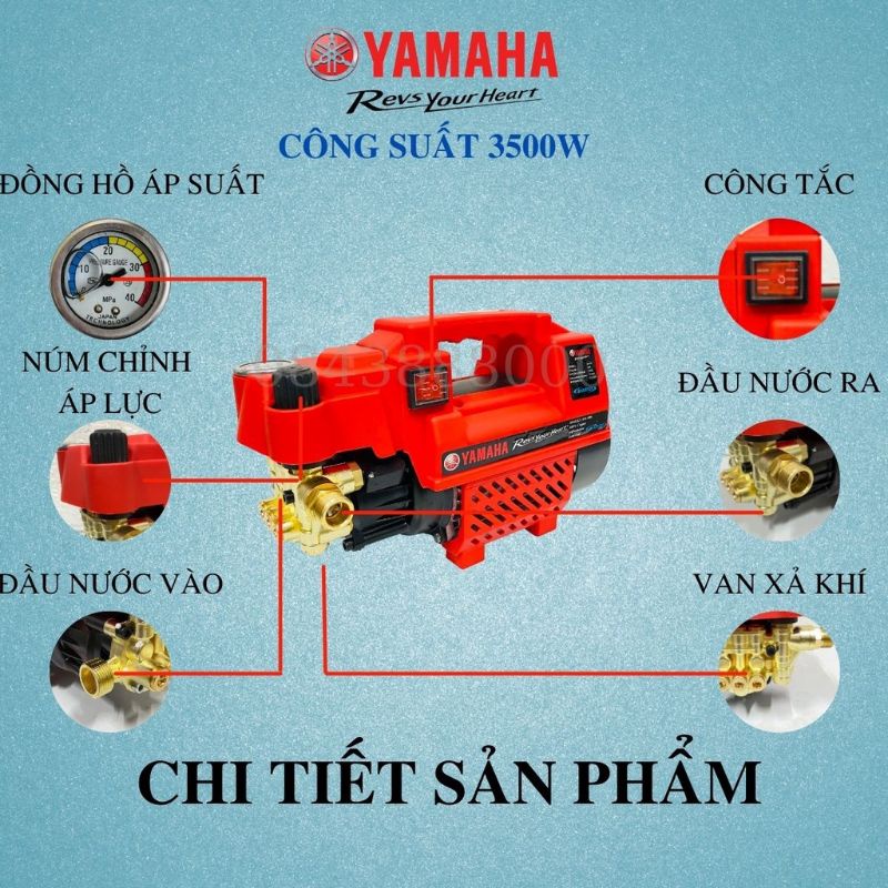 Máy rửa xe áp lực cao YAMAHA-YA988 hàng loại 1 mô tơ 100% dây đồng có chỉnh áp đầy đủ phụ kiện