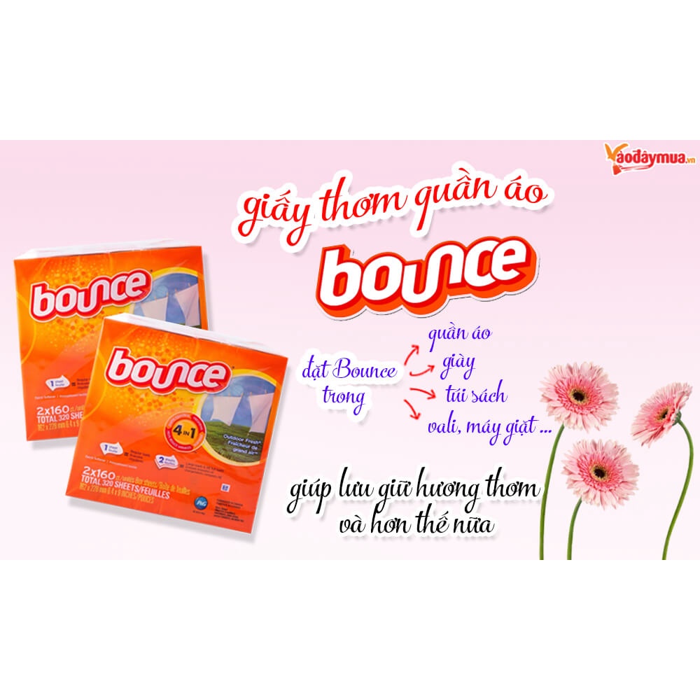 320 tờ Giấy thơm, Lá thơm quần áo Bounce Mỹ - 160x2 hộp, [Fullbox]