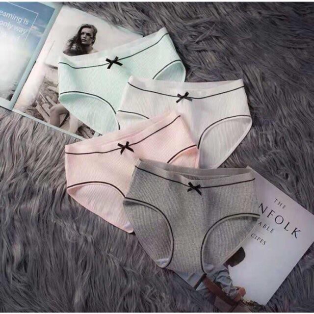 Quần Lót Cotton Tăm Viền Kẻ Phối Nơ Cao Cấp