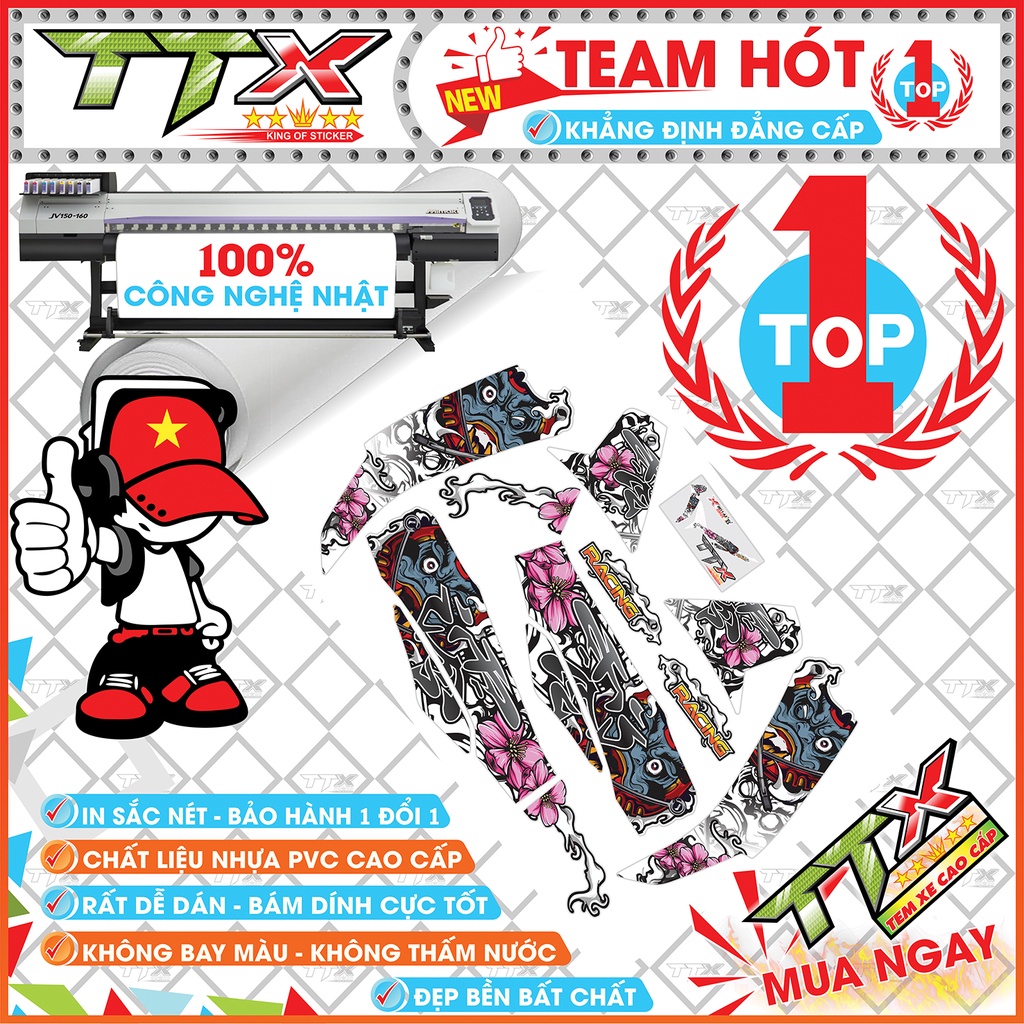 Tem rời sirius mặt quỷ daruma , Team chế sirius dán xe màu trắng xám tuyệt đẹp , Shop TTX Tem xe sirius mã