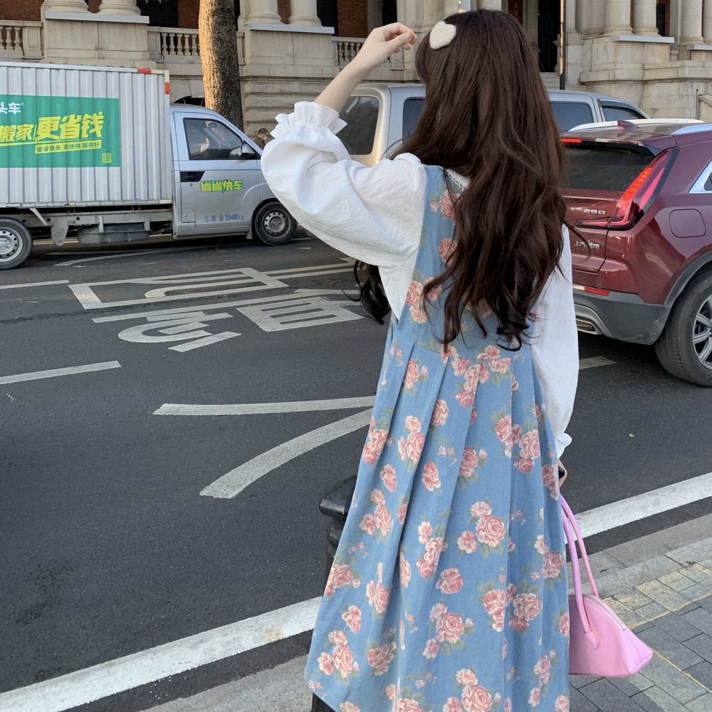 Set đầm hai dây in hoa và áo sơ mi tay phồng đáng yêu (có bán lẻ)