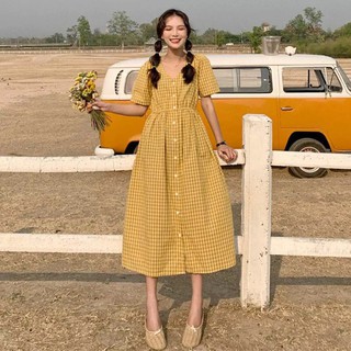 Váy kẻ caro dáng dài màu vàng Có ảnh thật