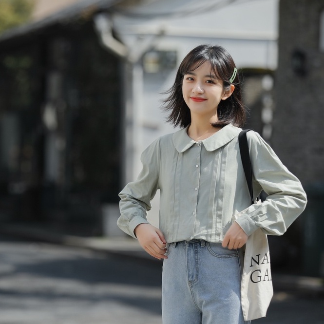 Áo sơmi nữ xanh rêu cổ sen Vintage phong cách Hàn Quốc
