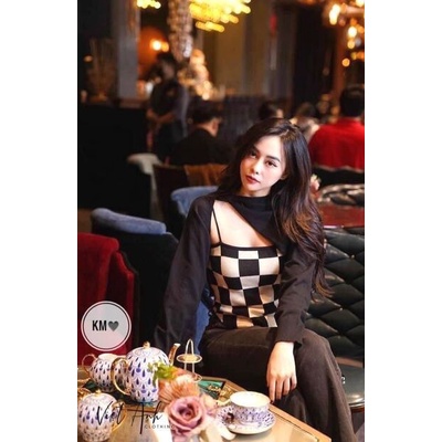 Sét áo 2 dây vạt kẻ ô + len khoác Quảng châu