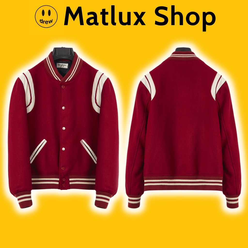Áo khoác bomber SLP Saint La*urent Teddy YSL Jacket màu đỏ bản cao cấp, Áo khoác bóng chày nam nữ SLP chất liệu vải len