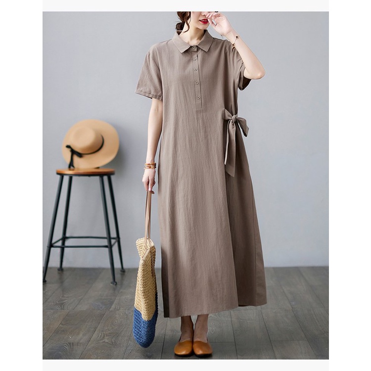 Váy sơ mi dáng dài thắt eo – Đầm sơ mi nữ form suông màu nâu vintage, chất linen mềm mát