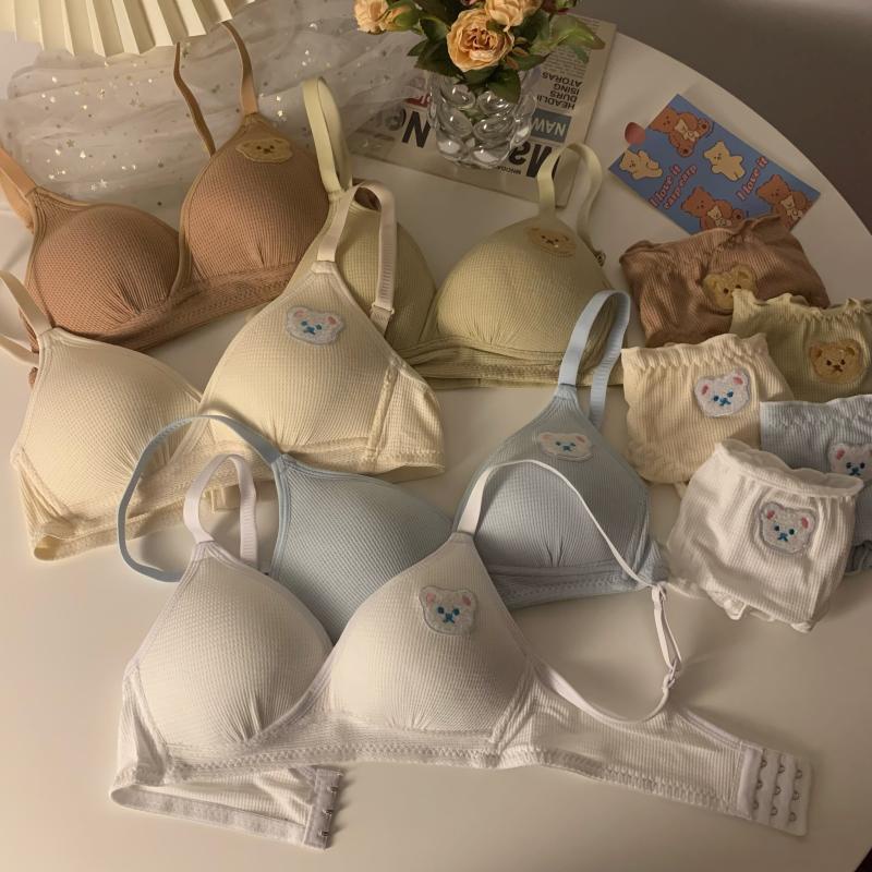 Set Áo lót vải cotton Thêu Hình Gấu Kèm Quần Lót Quyến Rũ Cho Nữ