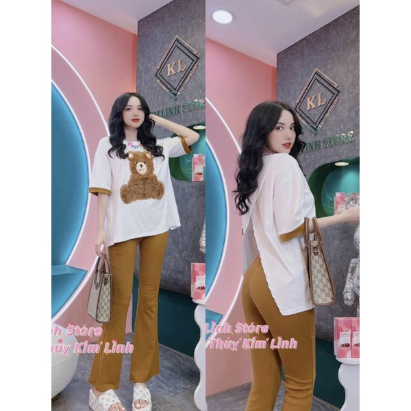 Set Thun Áo Phông Gấu Tay Lỡ Cổ Tròn Form Rộng Xẻ Tà Và Quần Dài Ống Loe Màu Nâu - Tiểu Thư Bánh Bèo Cute Cá Tính
