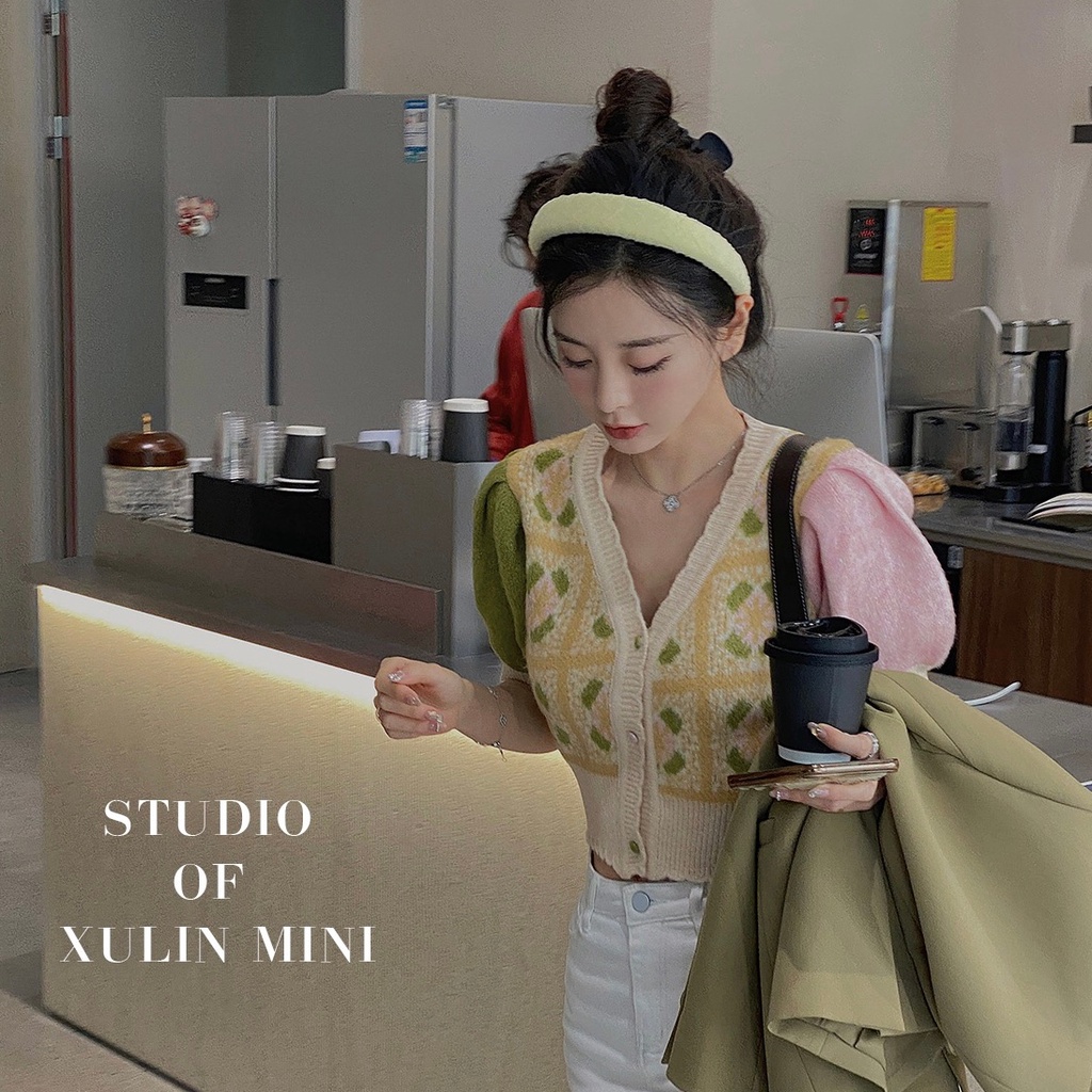 SUXI Áo Dệt Kim Tay Phồng Ngắn Cổ Chữ V Thời Trang Mùa Xuân Phong Cách Vintage Dễ Phối Đồ Cho Nữ