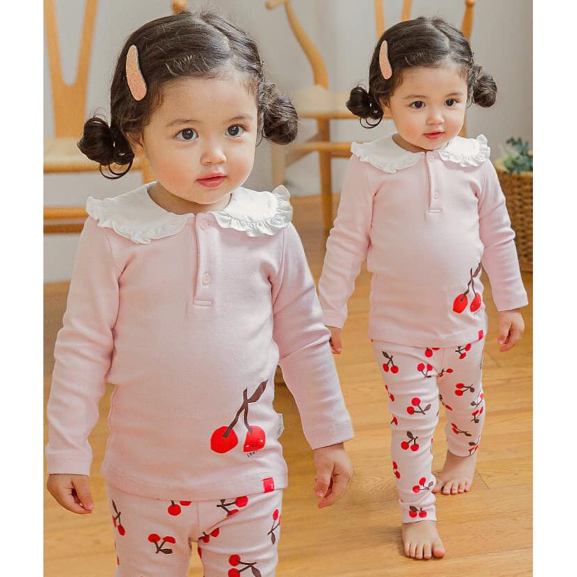 Bộ thun nỉ nhung bé gái Cordi-i Hàn Quốc chính hãng - hoạ tiết cherry