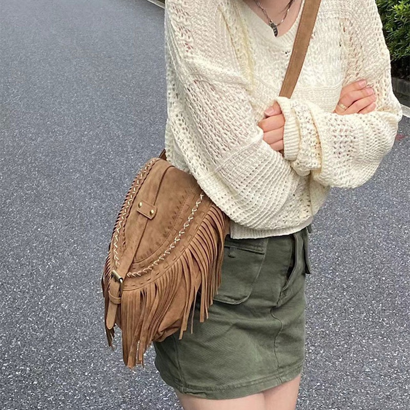 Túi đeo chéo IELGY cỡ lớn phối tua rua phong cách retro thời trang cho nữ