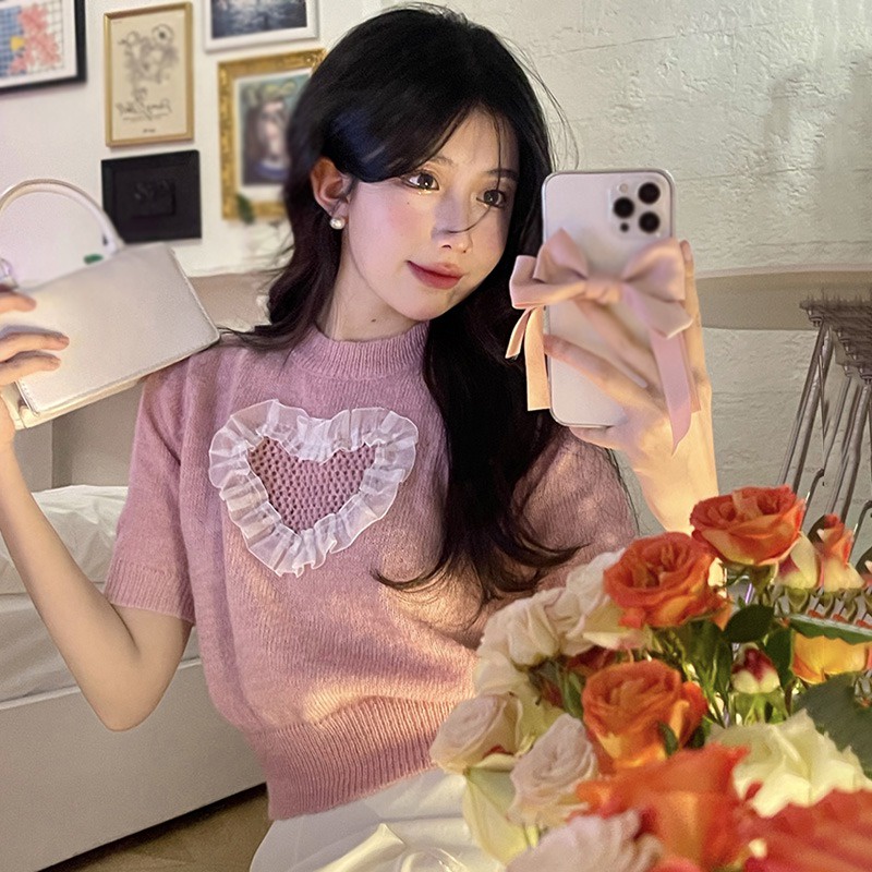 Áo Thun Dệt Kim Cổ Tròn Dáng Rộng Thoáng Khí In Họa Tiết Ba Chiều Thời Trang Hàn Quốc Cho Nữ