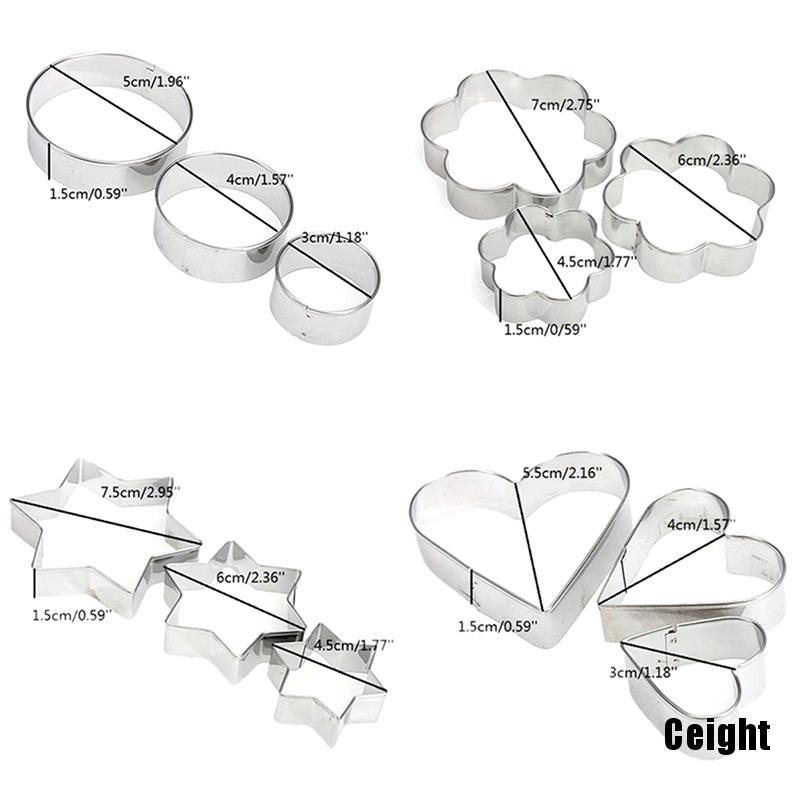 Bộ 12 Khuôn Cắt Bánh Quy Hình Tròn / Ngôi Sao / Trái Tim / Hoa Xinh Xắn