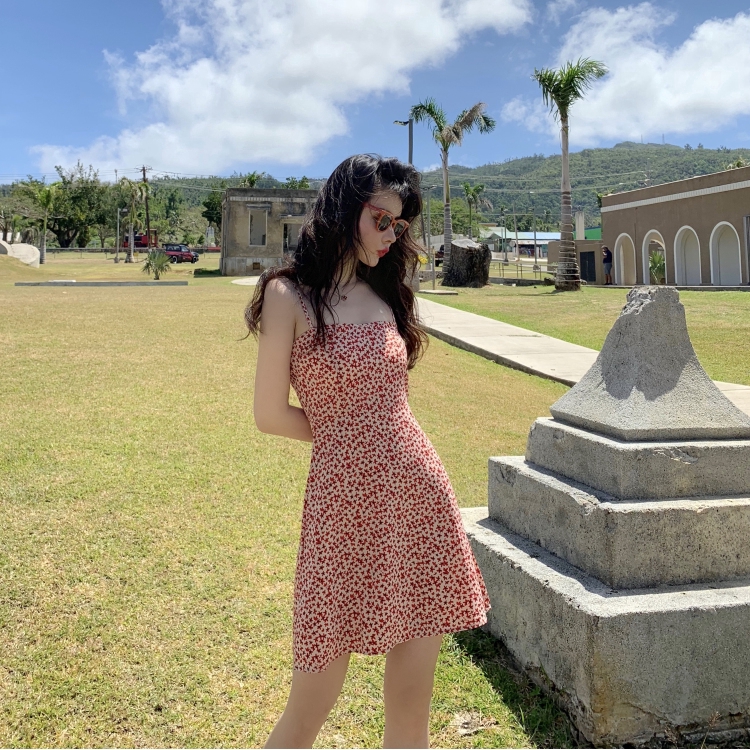 SUXI Đầm tiệc hai dây in họa tiết hoa thời trang Hàn Quốc