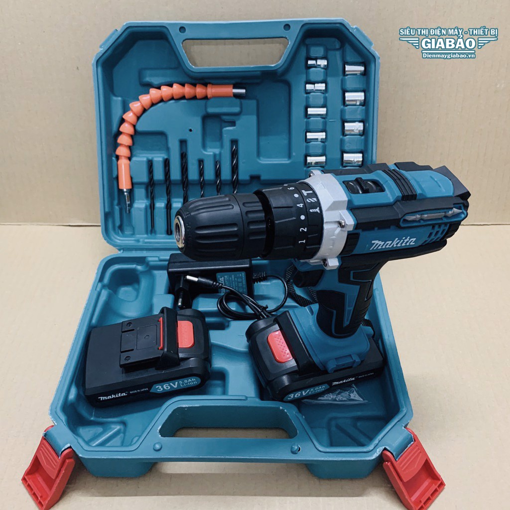 Máy khoan pin 36V Makita 3 chức năng có búa - Tặng kèm 24 chi tiết gồm các mũi khoan. BH 12 tháng