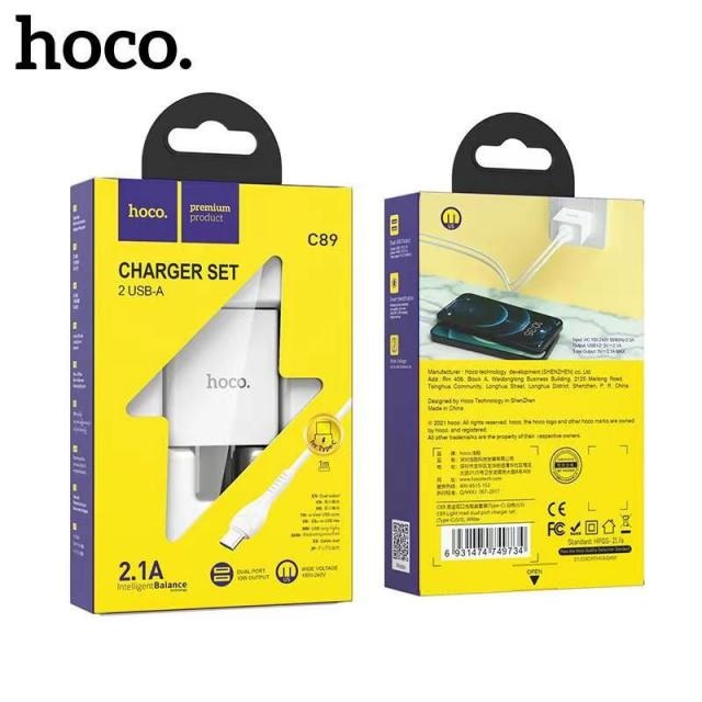Bộ sạc Hoco C89 2.1A chân dẹt 2 cổng USB dài 1M cho Android kèm dây Type-C