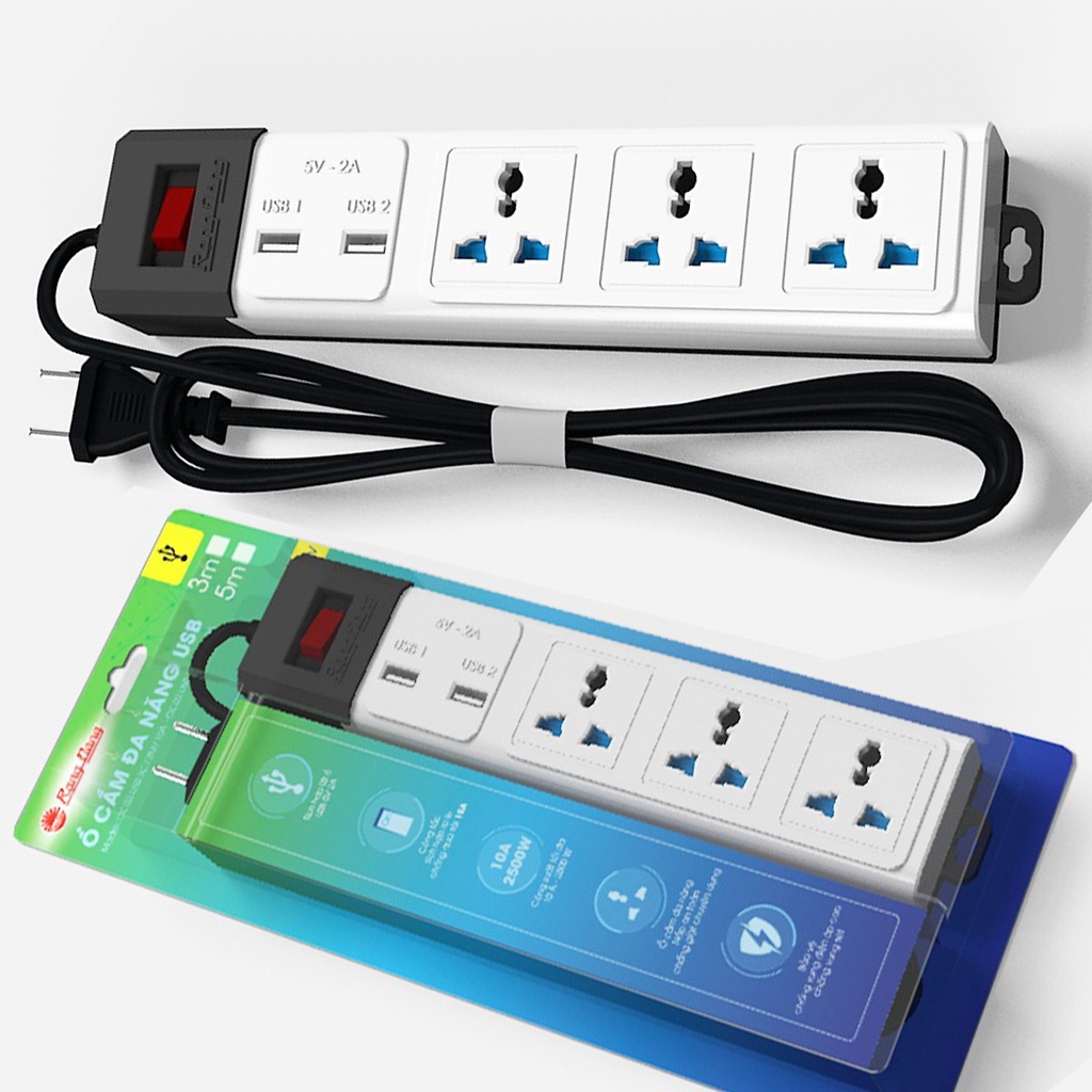 Ổ cắm đa năng Rạng Đông tích hợp cổng USB 5V-2A sạc thoại - Rơ le chống quá tải, chống xung điện áp cao, xung sét