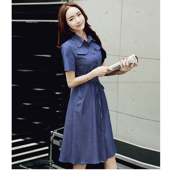 ĐẦM JEAN XÒE EO DÂY RÚT