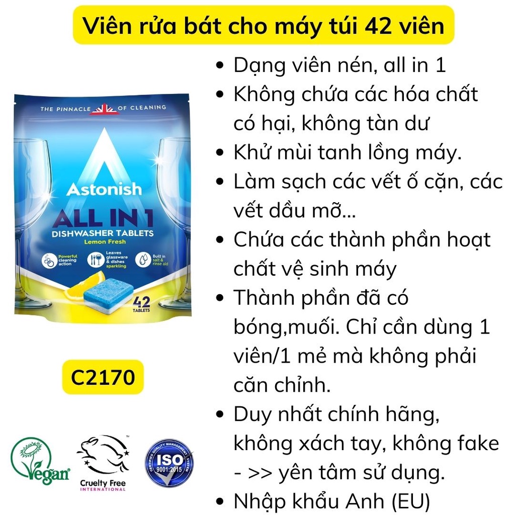 Combo 3 gói viên rửa chén bát Astonish không để lại cặn ,không căn bóng muối,mùi chanh thơm ngát