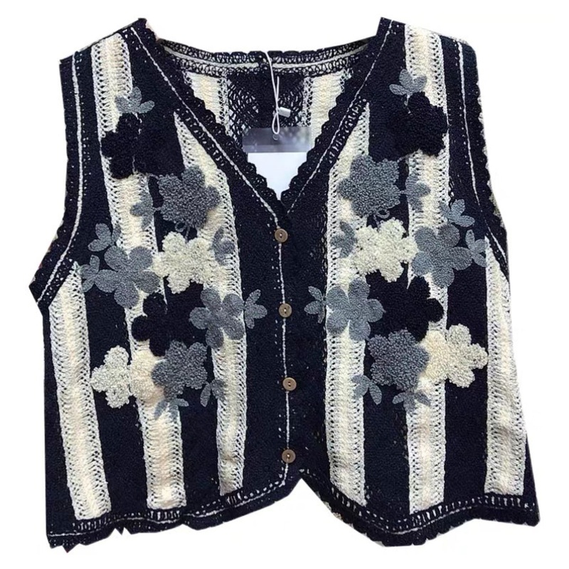 Áo Khoác Cardigan Dệt Kim Không Tay Cổ Chữ V Thêu Hoa Phối Màu Sắc Tương Phản Thời Trang Mùa Xuân Cho Nữ