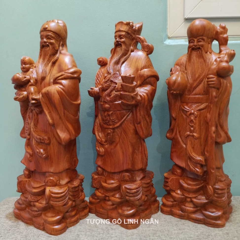 Bộ tượng tam đa phúc lộc thọ cao 50 đế quan tiền gỗ hương