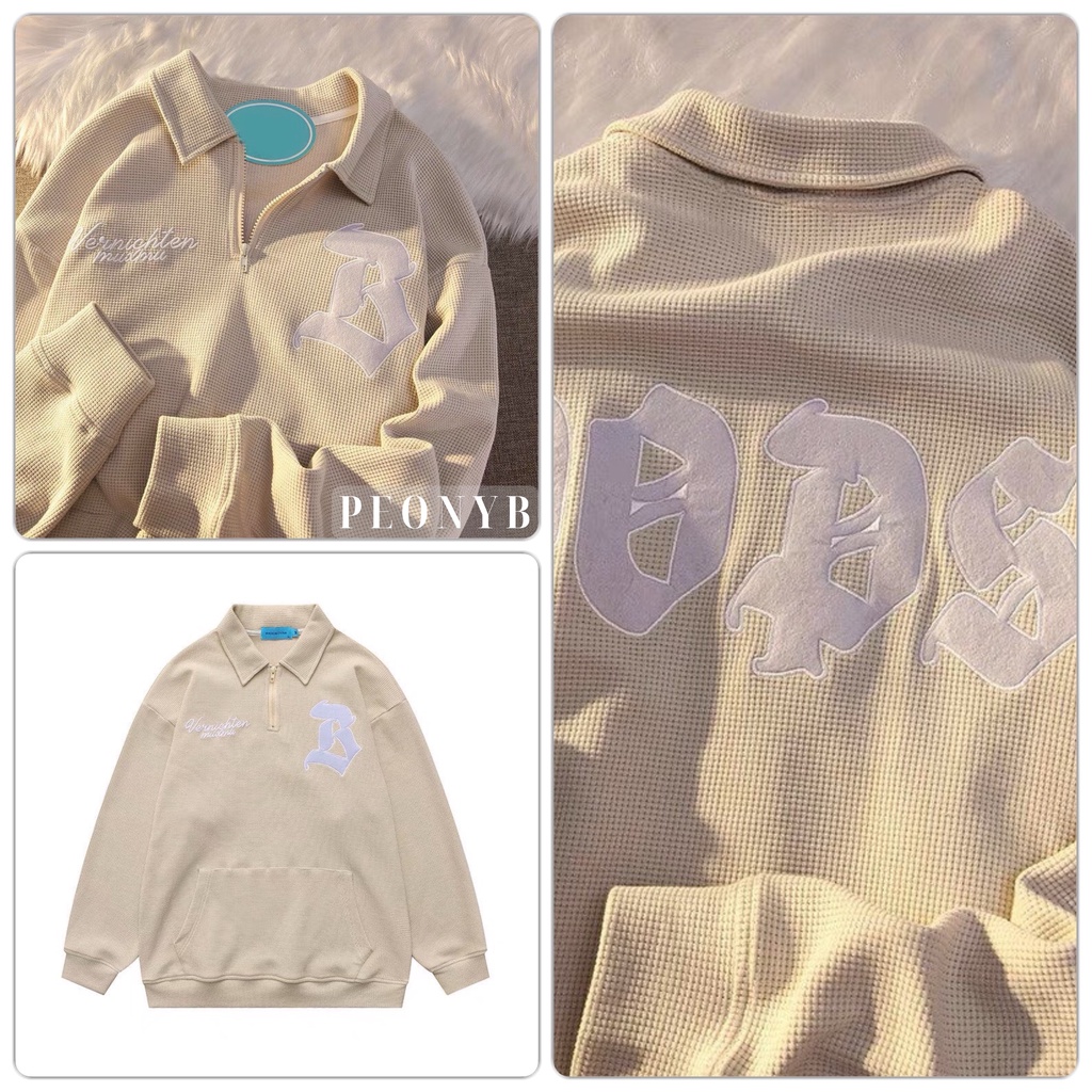 Áo polo bo tàu thêu Ddos [FREESHIP] Nỉ form rộng tay dài kiểu dáng vintage cổ bẻ khóa zip cá tính hàn quốc peonyb ulzzan