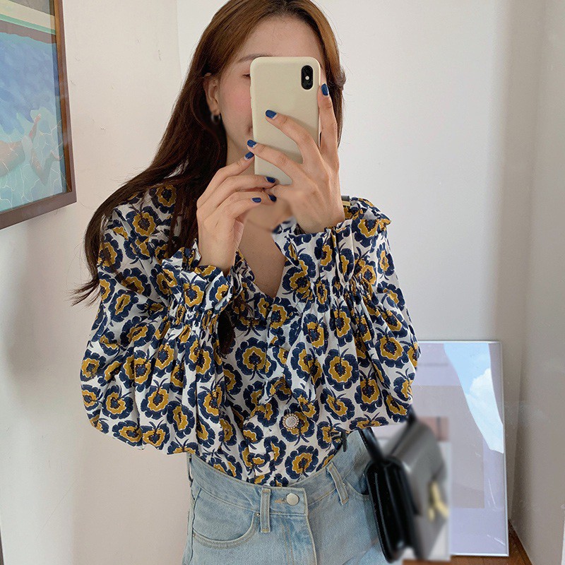 Áo Voan Tay Dài Cổ Peter Pan Họa Tiết Hoa Cho Nữ