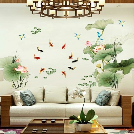 Decal trang trí tường - Bụi sen và đàn cá chép