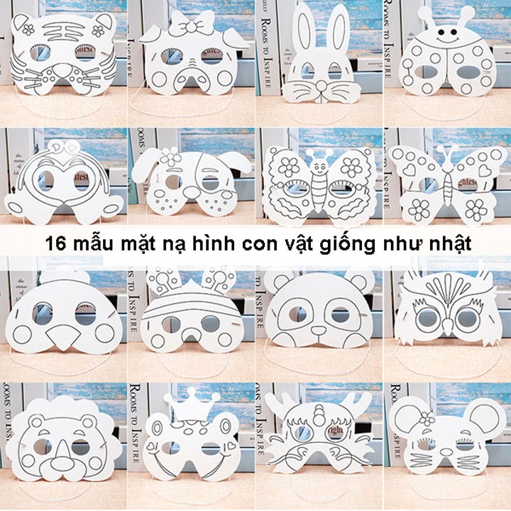 Combo đầy đủ 16 mẫu mặt nạ trẻ em hình con vật, tô màu ngộ nghĩnh - TẶNG KÈM SÉT BÚT TÔ MÀU