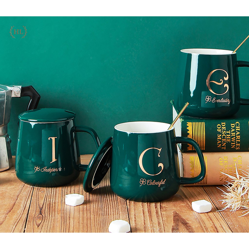 Ly cốc sứ có nắp xanh cổ vịt in chữ vàng kim (Chữ ngẫu nhiên) | LY SỨ XANH NGỌC BÍCH CHỮ VÀNG KIM KÈM THÌA INOX