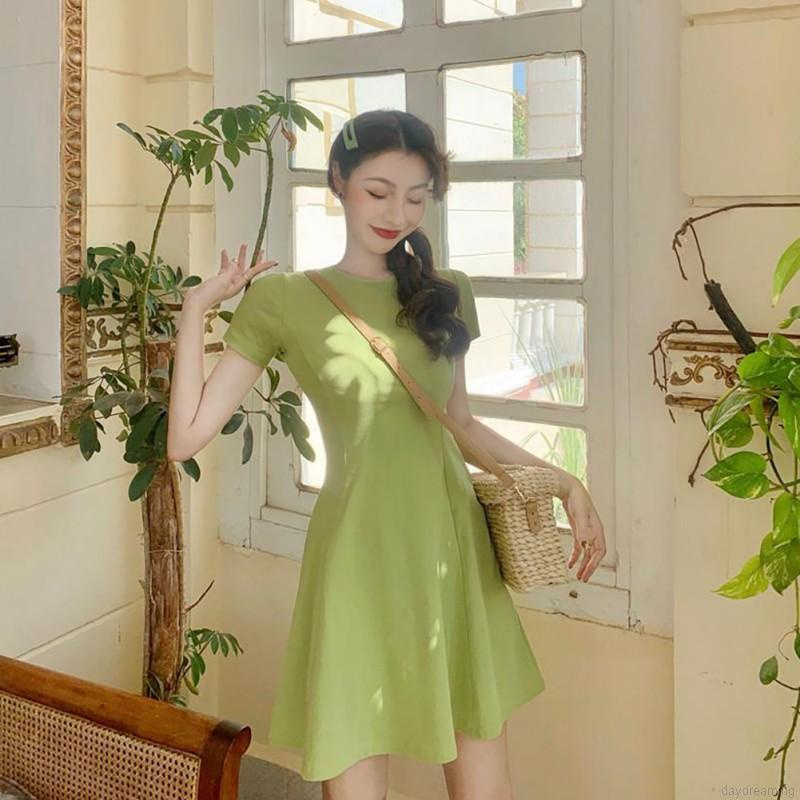 Váy Đầm Chữ a Tay Ngắn Cổ Tròn Màu Trơn Thời Trang Nữ