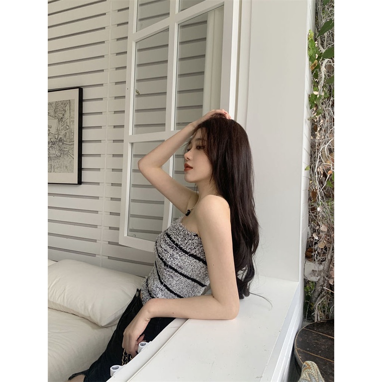 Áo Ống Ngắn Bằng Vải Lông Họa Tiết Kẻ Sọc Chống Chói Gợi Cảm Cho Nữ