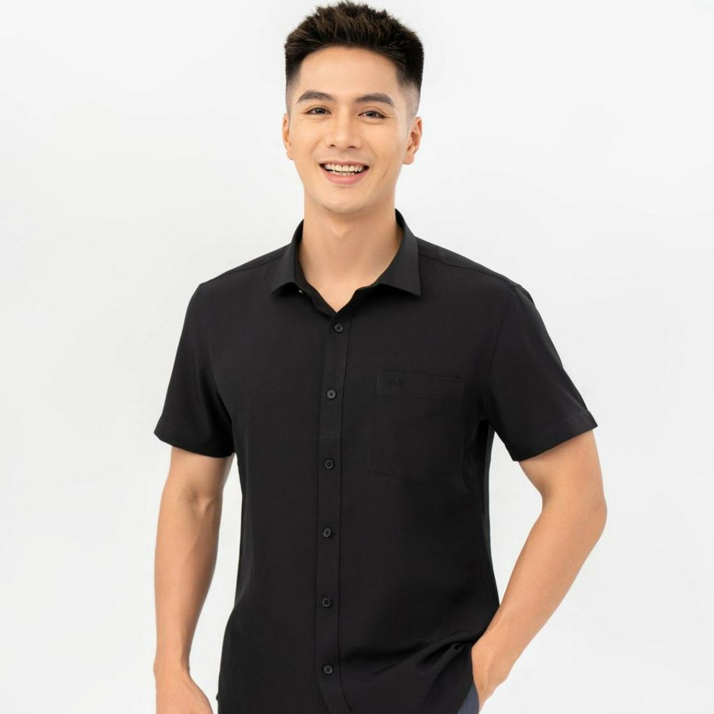 Áo Sơ Mi Nam Ngắn Tay Công Sở, Chất Vải Lanh Thoáng Mát Trơn Màu Cafe Đen