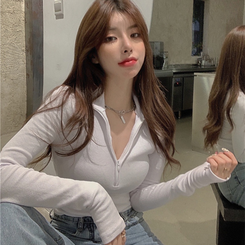 Áo Thun Tay Dài Dáng Ôm Phối Khóa Kéo Thời Trang Mùa Thu Cho Nữ