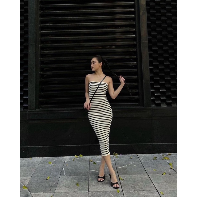 Đầm midi 2 dây dệt kim kẻ + Áo croptop 2 dây dệt kim kẻ