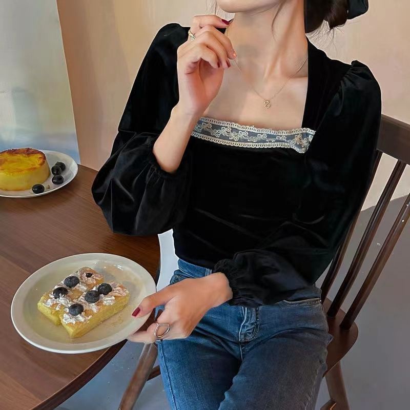 Áo Sơ Mi Tay Dài Cổ Vuông Bằng Vải Nhung Màu Đen Phong Cách Pháp Thời Trang 2022