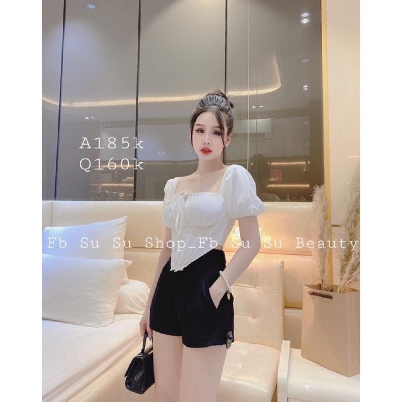 Áo thun body croptop tay ngắn nhún ngực vạt bầu nhọn ( SALE )