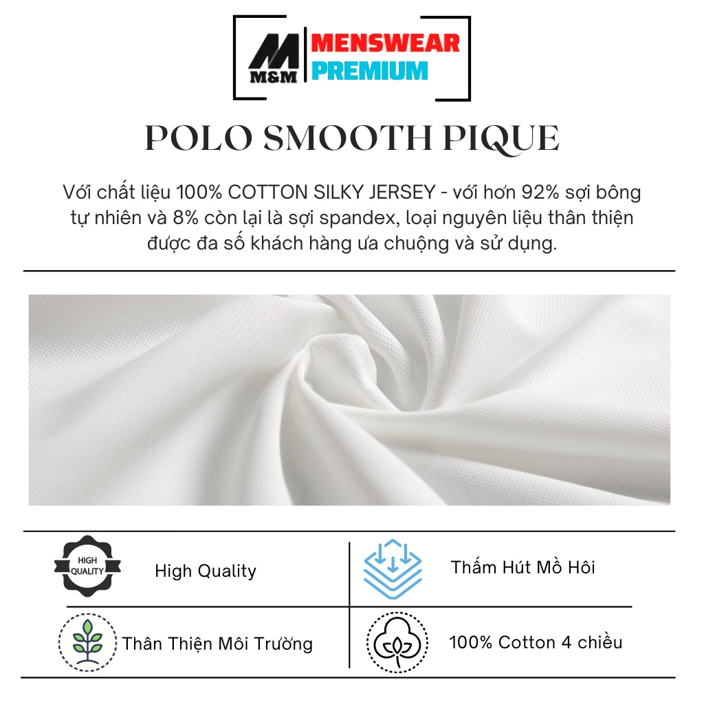 Áo Thun Polo Nam M&amp;M, Áo Thun Polo Nam Cao Cấp, Tay Ngắn, Vải Cotton Smooth Pique Xuất Xịn, Chuẩn form, Dày Dặn HC100