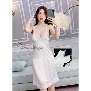 Váy ngủ lụa satin trắng 2 dây kép ren ngực