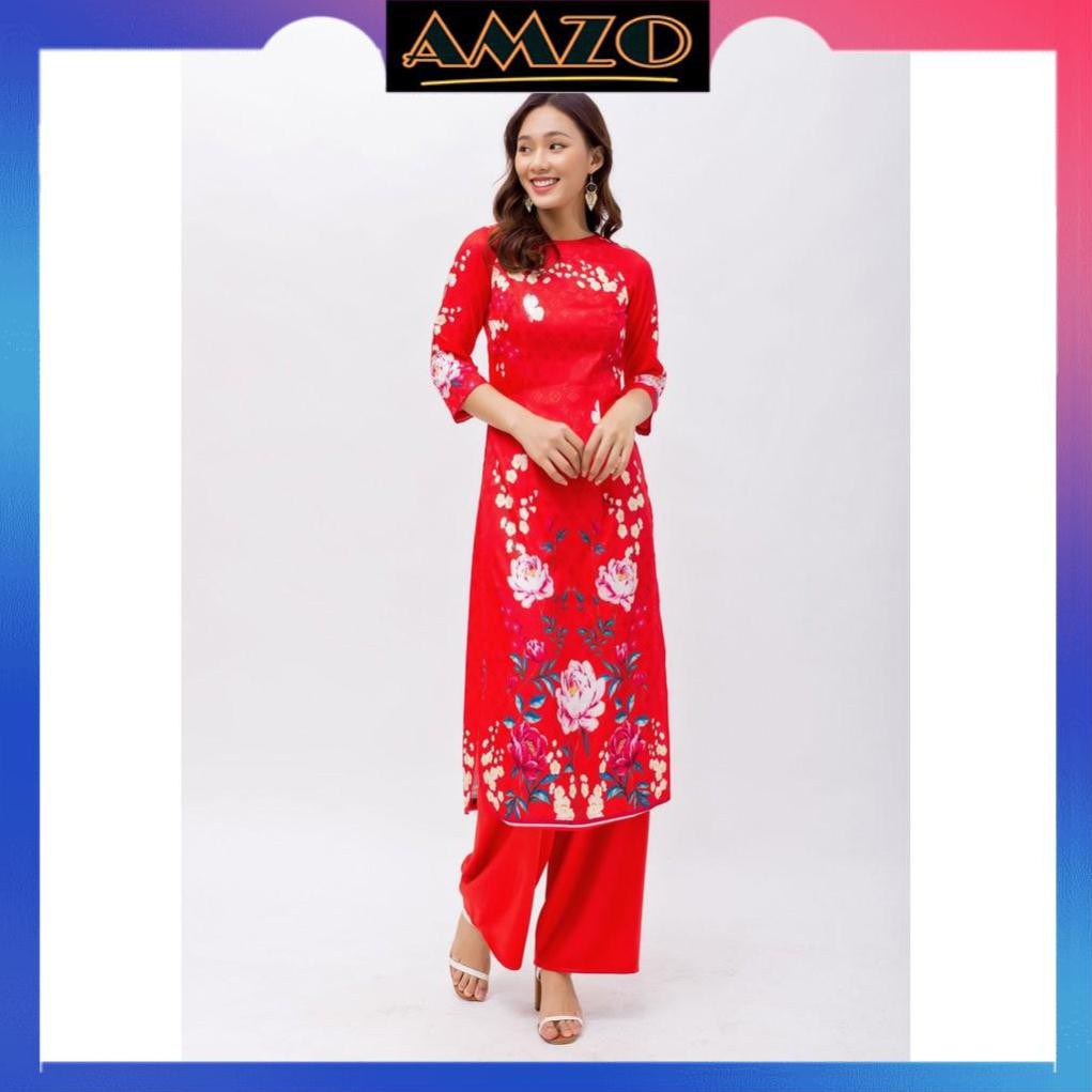 Áo Dài May Sẳn, Áo Dài Cổ Tròn Tay Lửng Màu Đỏ Chất Liệu Gấm Lụa In Hình Hoa Trạng Nguyên. | BigBuy360 - bigbuy360.vn
