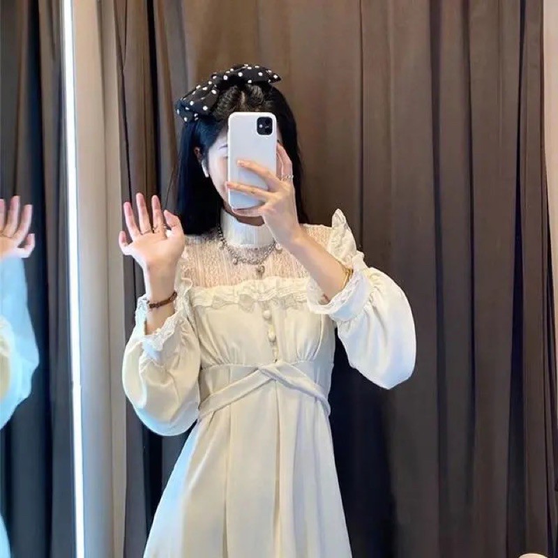 Đầm tiểu thư trắng phối ren cổ cao bo eo kèm ảnh thật feedback ⛅️ | BigBuy360 - bigbuy360.vn