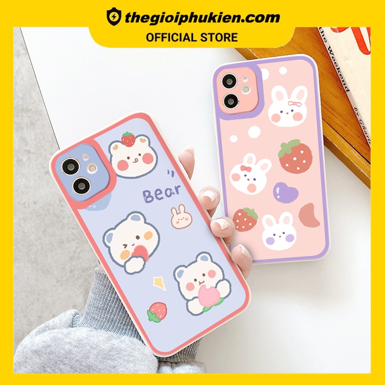 Ốp iphone - Ốp lưng iphone cạnh vuông viền camera Gấu dâu tây dành cho ip 6 đến 14promax - ng028