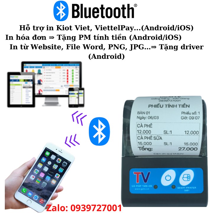 Máy in bill  Bluetooth qua điện thoại in Viettel Pay Pro, KiotViet + App tính tiền giao hàng Goviet, Grab - Tậng 5 cuộn