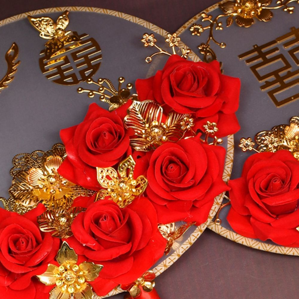Quạt tròn cầm tay màu đỏ phong cách Trung Hoa cổ điển dùng làm phụ kiện chụp ảnh cưới