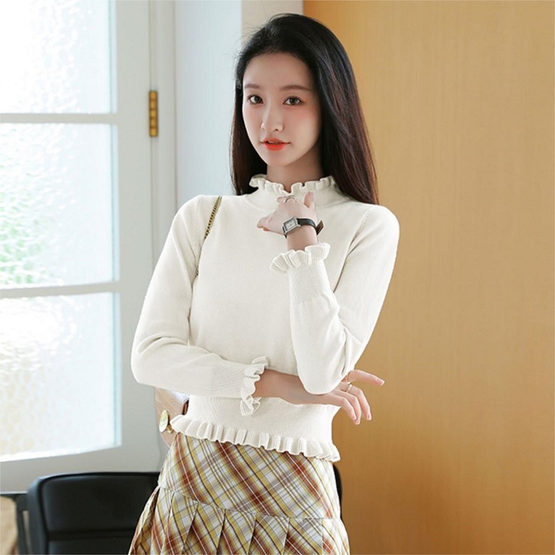 【ZHELIHANGFEI】Áo Dệt Kim Tay Phồng Dáng Ôm Xinh Xắn Thời Trang